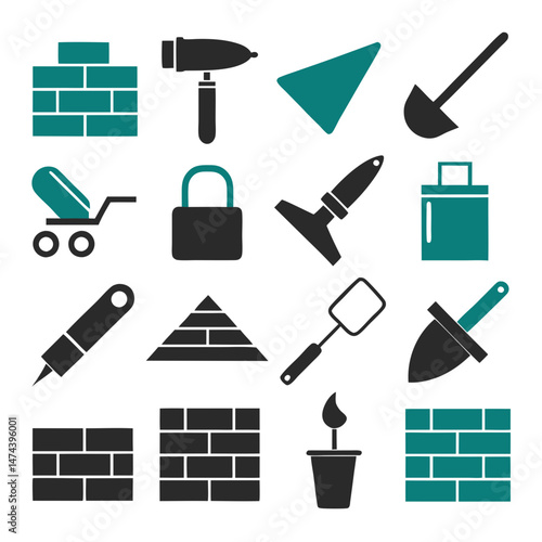 Construction themed icons depicting bricklaying tools and materials