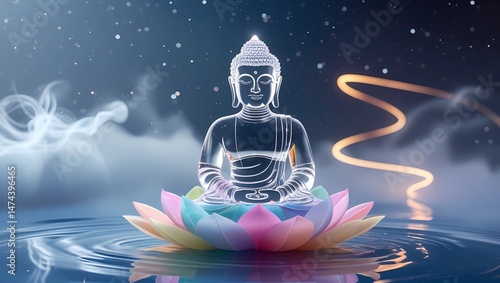 A crystal Buddha in silent meditation reflects inner peace and cosmic harmony
