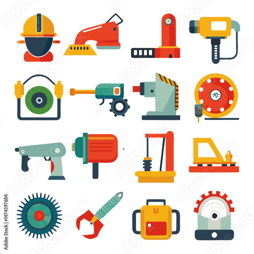 Flat icons collection of tools and construction equipment