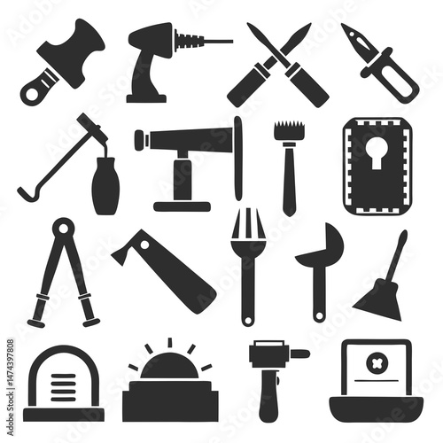 Vector collection of assorted hand tools in dark grey scale