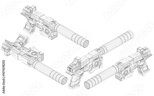 Three guns are shown in a black and white photo. The guns are all different sizes and are positioned in various angles. Concept of mystery and intrigue. Isometric view. 3D