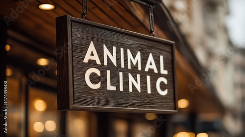 A welcoming pet clinic features a wooden sign displaying the words Animal Clinic. The comfortable atmosphere encourages pet owners to seek care for their pets, ensuring excellent service