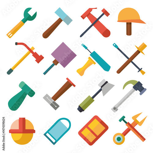 Flat design vector illustration of colorful various construction tools