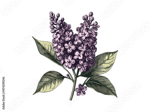 Antique botanical engraving of lilac flower, hand-drawn floral sketch, black vintage illustration, summer flower, nature print, trendy decor, spring bloom, lilac, floral art sketch