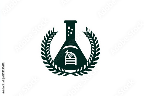 Logo design features a lab flask with a laurel wreath, symbolizing science and achievement in research