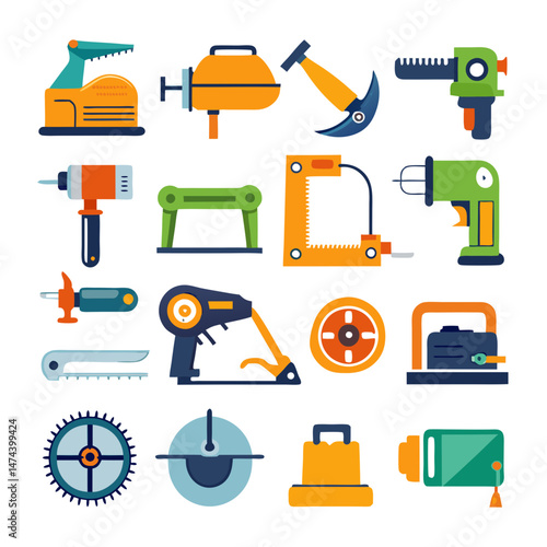 Collection of various stylized construction tools with vibrant colors
