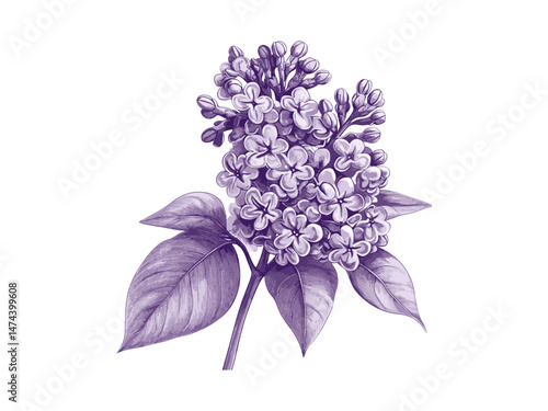 Vintage floral engraving of lilac flower, detailed botanical sketch, hand-drawn nature print, spring flower, black floral art, trendy decor, summer, antique flora illustration