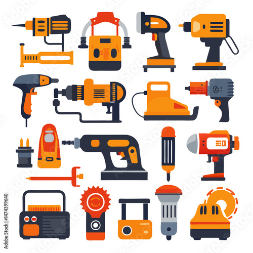 Collection of stylized industrial power tools in orange and gray