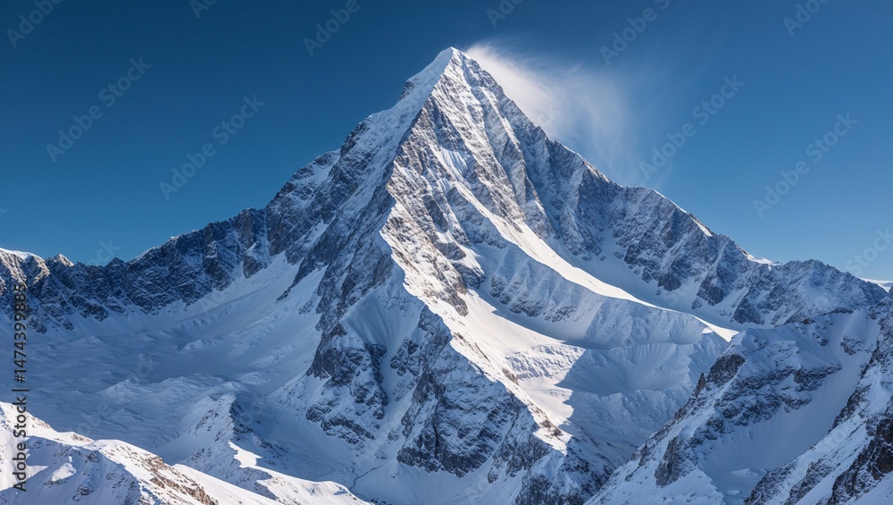 Naklejka premium Panoramic view of majestic, snow-covered mountains against a clear blue sky, capturing the essence of a serene winter alpine landscape