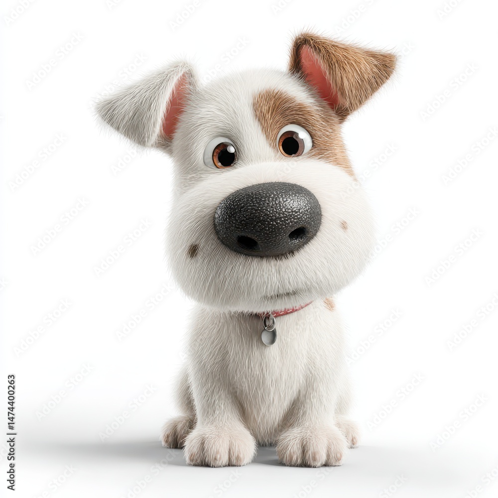 Obraz premium Cartoon dog with a soft, fluffy coat and oversized eyes sits adorably on a clean white background, exuding a cheerful and playful demeanor that appeals to all dog lovers