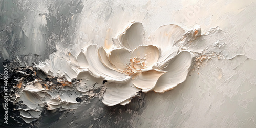 A large white flower with gold accents and soft strokes on a muted grey background, blending abstract art with floral elegance in oil painting