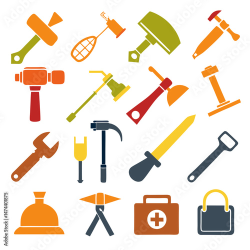 Colorful flat icons of construction and repair tools set