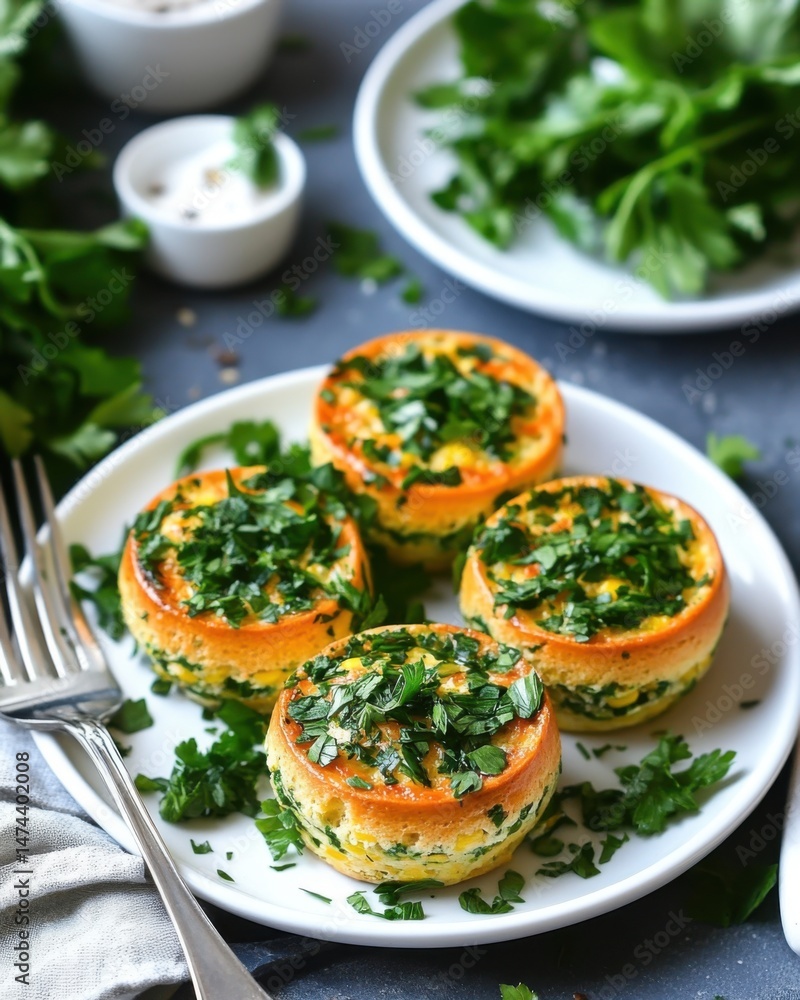 Overhead studio shot of four spinach and corn egg bites on a white plate with parsley garnish and silver fork