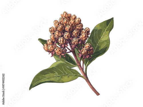 Vintage engraving of milkweed flower, hand-drawn botanical sketch, retro flora art, old engraving style, black ink print, trendy floral decor, antique flower illustration, wildflower drawing