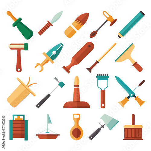 Various cartoon style tools and equipment on white backdrop