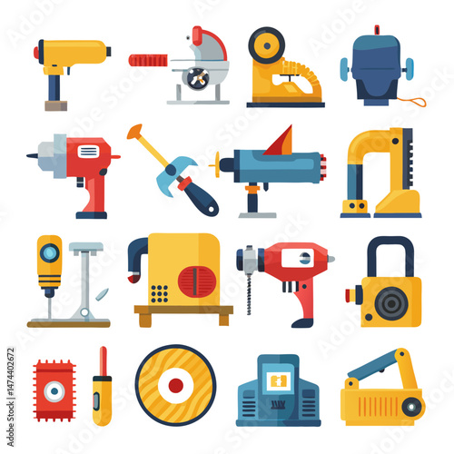 Flat style illustration of power tools and equipment set