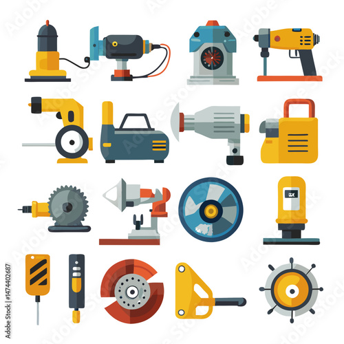 Collection of stylized tools equipment for repair and maintenance