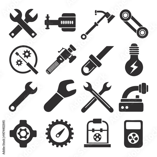 Assorted black and white tool icons on white background