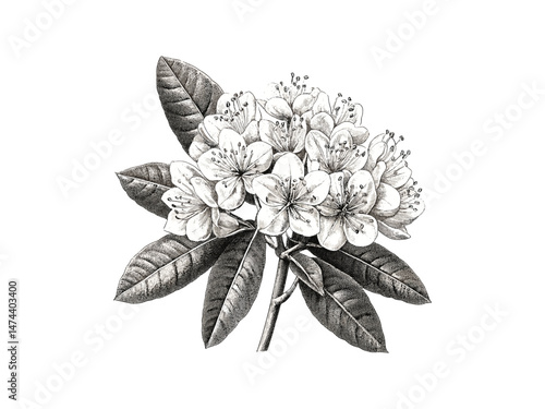Engraving of mountain laurel flower, vintage botanical illustration, rustic nature print, trendy engraved decor, hand-drawn floral sketch, summer spring flower motif, old engraving style