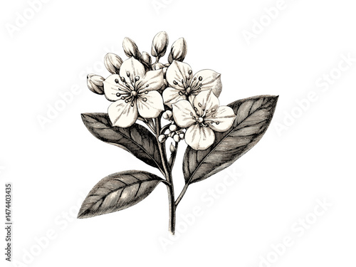 Hand-drawn floral sketch, vintage botanical illustration, engraving of mountain laurel flower, rustic nature print, trendy engraved decor, Black sketch, spring flower, summer motif
