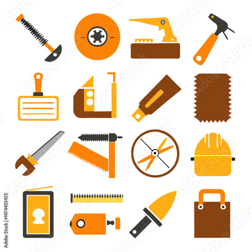 Construction and carpentry tools displayed as flat vector icons
