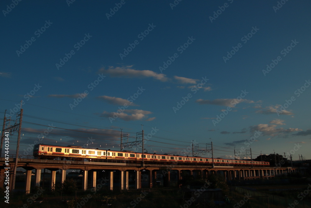 Obraz premium 夕焼け空の下車体を輝かせながら走る武蔵野線E231系電車_2023/6/17撮影