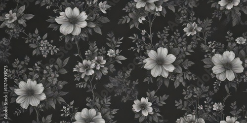 Elegant charcoal floral wallpaper, tiny blooms & leaves, seamless, seamless pattern,  textile,  wallpaper