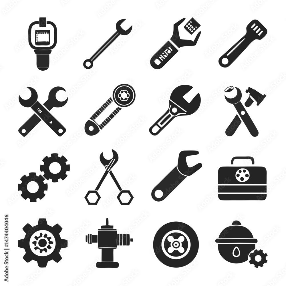 Black and white vector icons representing various mechanical tools Black and white vector icons representing various mechanical tools
