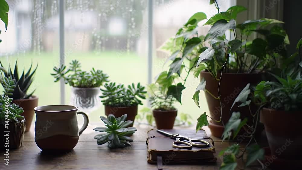 Cozy windowsill with plants and a mug Cozy windowsill with plants and a mug