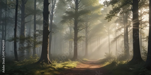 Sunbeams pierce misty forest, illuminating leaves and trees ,  scenic,  shadows,  photography