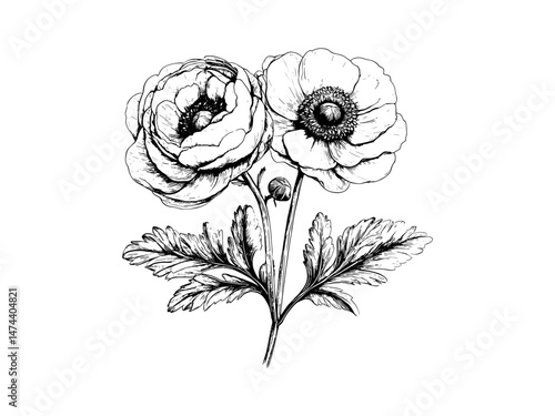 Engraving of ranunculus flower bloom, vintage botanical sketch, old engraving style, elegant nature print, antique floral decor, summer spring flower, trendy floral art