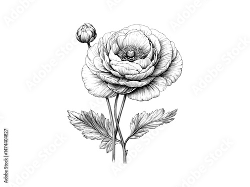 Vintage hand-drawn botanical sketch of ranunculus flower bloom, antique floral decor motif, old engraving style, elegant spring flower print, summer nature, trendy floral art, black sketch