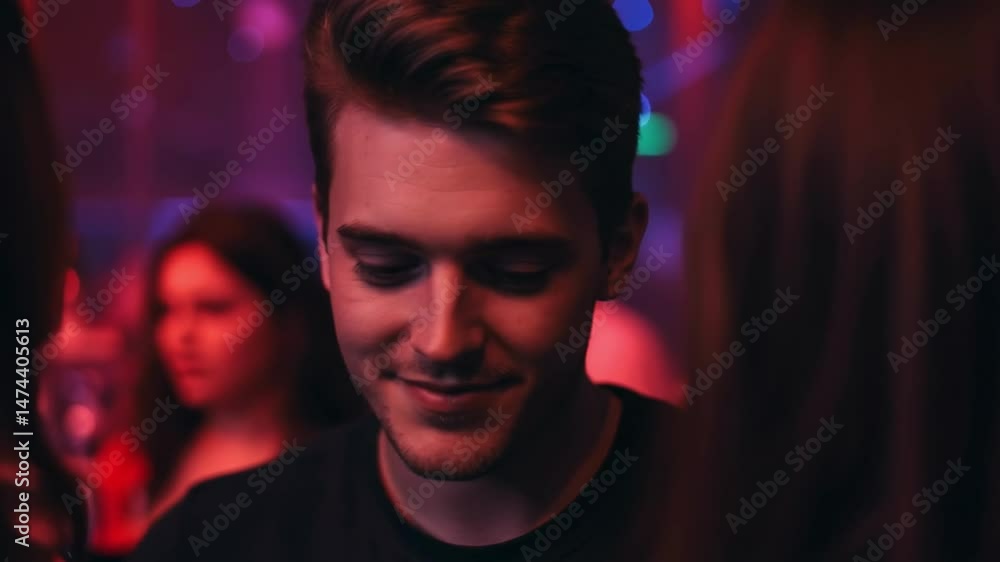 Young man looking intently with a slight smile at a woman during a party in a nightclub with colorful lighting, representing attraction, flirting, social interaction and nightlife moments Young man looking intently with a slight smile at a woman during a party in a nightclub with colorful lighting, representing attraction, flirting, social interaction and nightlife moments