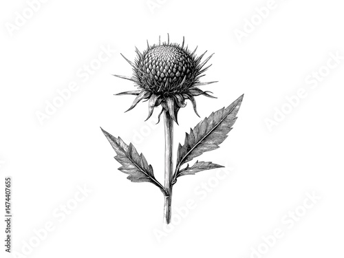 Wallpaper Mural Engraving of globe thistle flower, Black sketch, vintage floral hand-drawn illustration, rustic spring decor, trendy nature motif, summer flower, old engraving style, retro print floral design. Torontodigital.ca