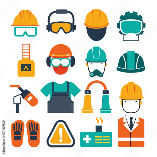 Construction and industry worker safety equipment vector illustration set