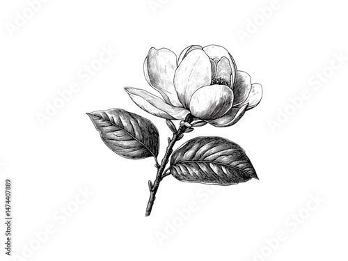 Hand-drawn magnolia flower engraving, vintage botanical illustration, classic garden decor, black sketch floral art, rustic spring summer bloom, old engraving style, trendy floral art