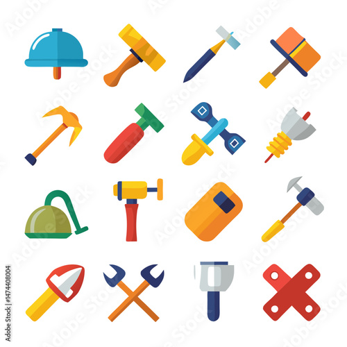 Flat design icon set featuring various construction tools