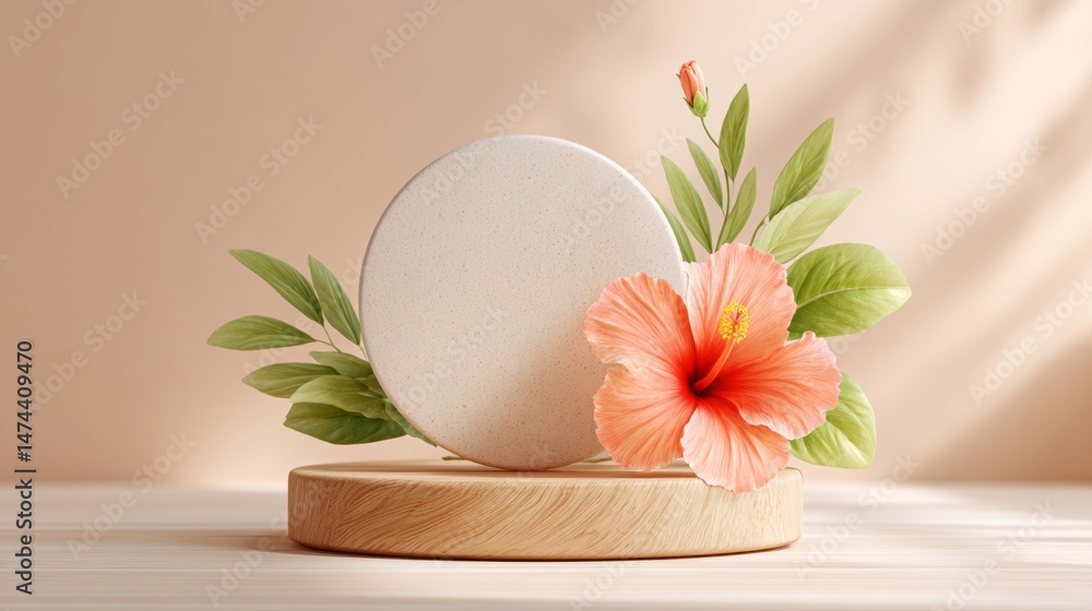 A white flower with a pink center sits on a wooden base A white flower with a pink center sits on a wooden base
