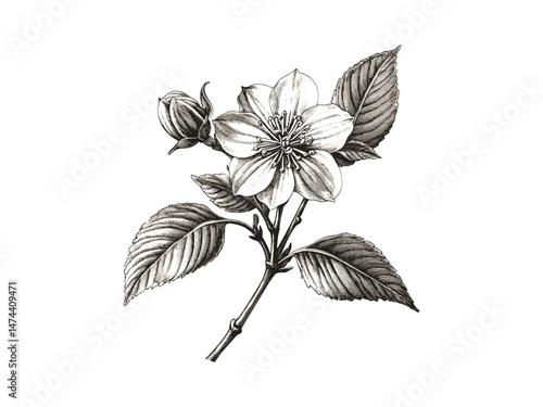 Engraving of single witch hazel flower, hand-drawn vintage floral sketch, antique botanical illustration, rustic winter bloom print, black sketch, old engraving style, trendy floral decor