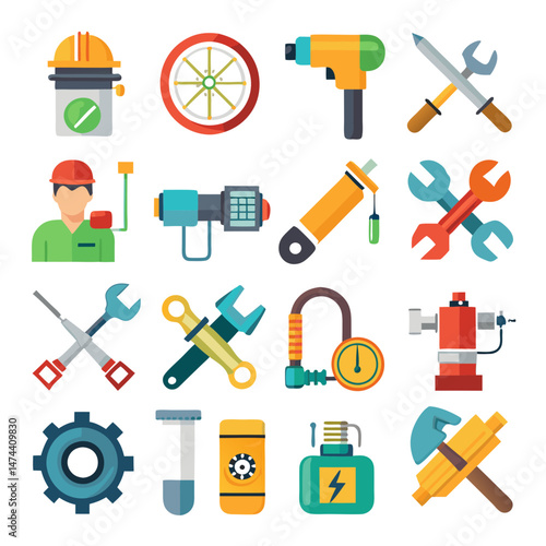 Various construction and repair tools collection flat design icon