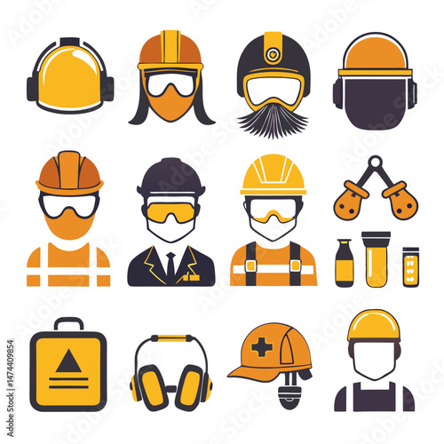 Construction and safety worker icons featuring professional protective gear