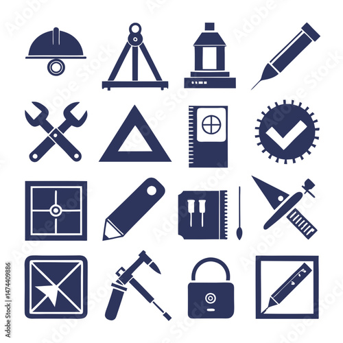 Blue silhouette icons construction and engineering on white background