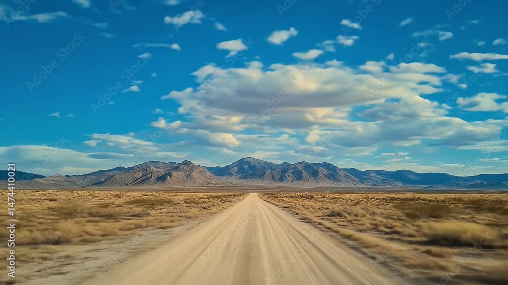 Dusty Desert Road Leading to Mountains Under a Blue Sky with White Clouds in a Spacious Plain with Dry Vegetation and a Sunny Daytime Ambiance Dusty Desert Road Leading to Mountains Under a Blue Sky with White Clouds in a Spacious Plain with Dry Vegetation and a Sunny Daytime Ambiance