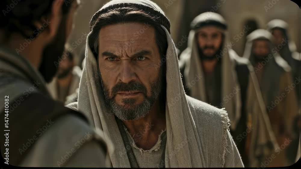 Angry jewish man with beard points and yells, sermon on religious issues, biblical, historical figure for illustrating old testament and christianity themes, faith	