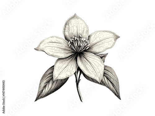 Hand-drawn snowflake flower bloom, vintage botanical sketch, black ink winter floral art, antique retro engraving style, trendy wildflower motif, engraved wild botanical illustration