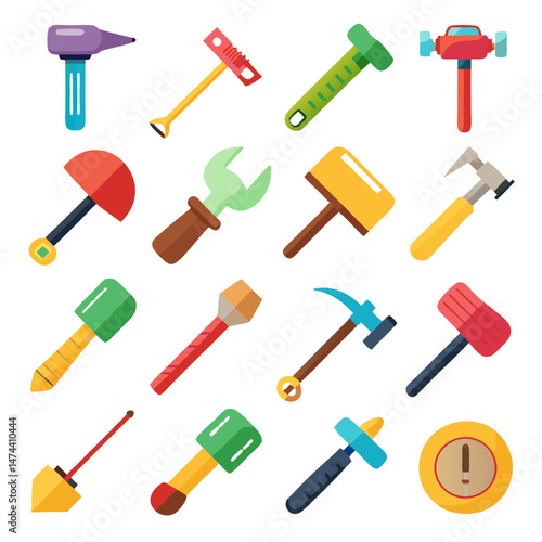 Collection of colorful stylized hand tools on white background