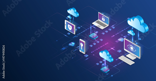 Isometric design showing secure data exchange between cloud, laptops, servers, and mobile devices. Cloud computing and data protection concept with connected devices.