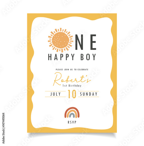 One happy boy party Invitation, Birthday animal collection, cake, gifts, sun, boy party invitation