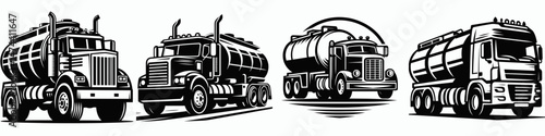 Water Tanker Truck. Construction Tools Builder Repair Renovation Worker Clipart Line Art Vector Illustration. Liquid hauler conveyance bulk fluid reservoir lorry for project location.