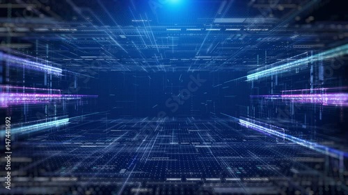 Technology digital futuristic cyberspace data network structure concept background. Blue future scifi glow transmission line fly through 4k motion background.